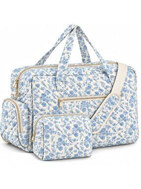Stylish Quilted Weekender Duffle Bag for Women - Blue Floral Hospital Bag